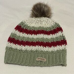 Handmade crochet Striped Beanie with Pom-Pom - Red, Green, and White